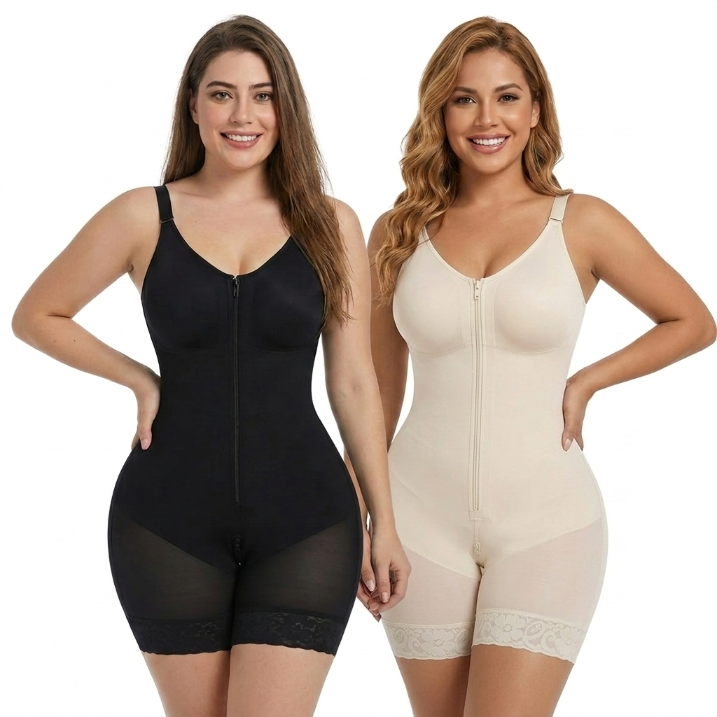 Seamless Full Body Shapewear Zipper Jumpsuit, Women Tummy Control Butt Lifter Slimming 5 Points Shorts Bodysuit