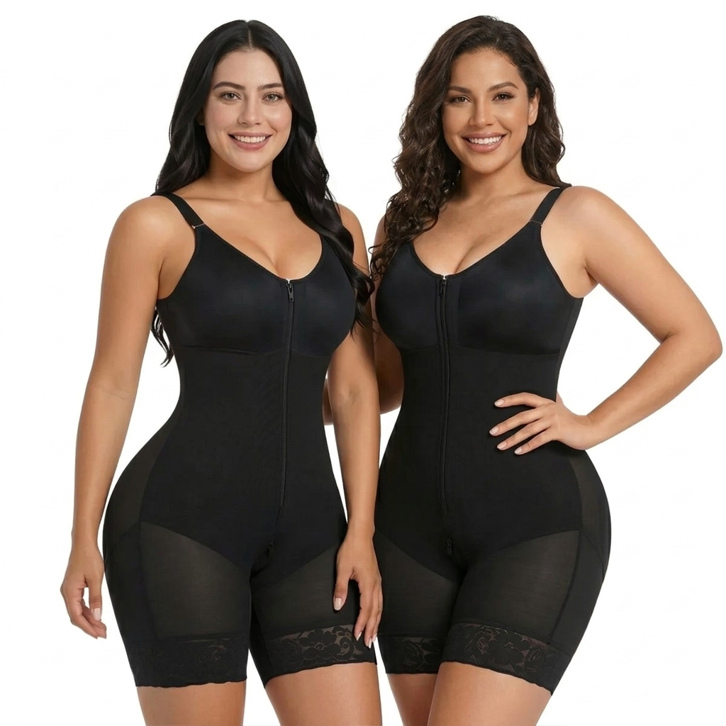 Seamless Full Body Shapewear Zipper Jumpsuit, Women Tummy Control Butt Lifter Slimming 5 Points Shorts Bodysuit